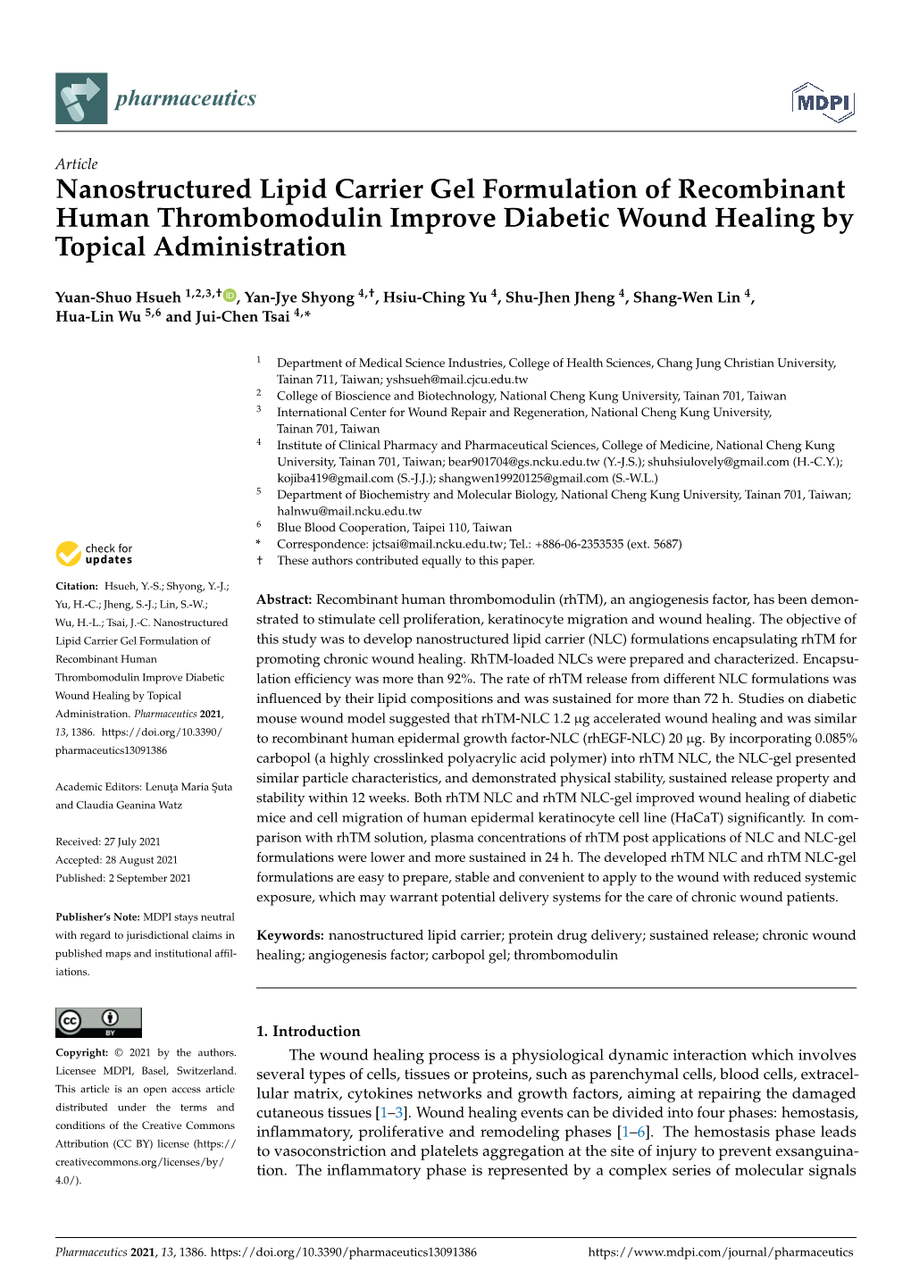 Nanostructured Lipid Carrier Gel Formulation of Recombinant Human Thrombomodulin Improve Diabetic Wound Healing by Topical Administration