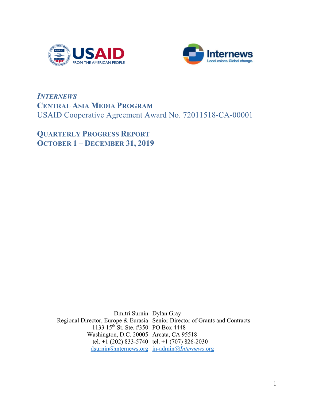 USAID Cooperative Agreement Award No. 72011518-CA-00001