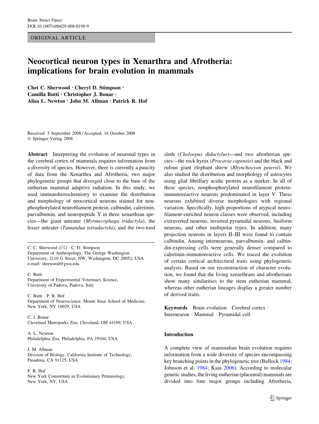 Neocortical Neuron Types in Xenarthra and Afrotheria: Implications for Brain Evolution in Mammals