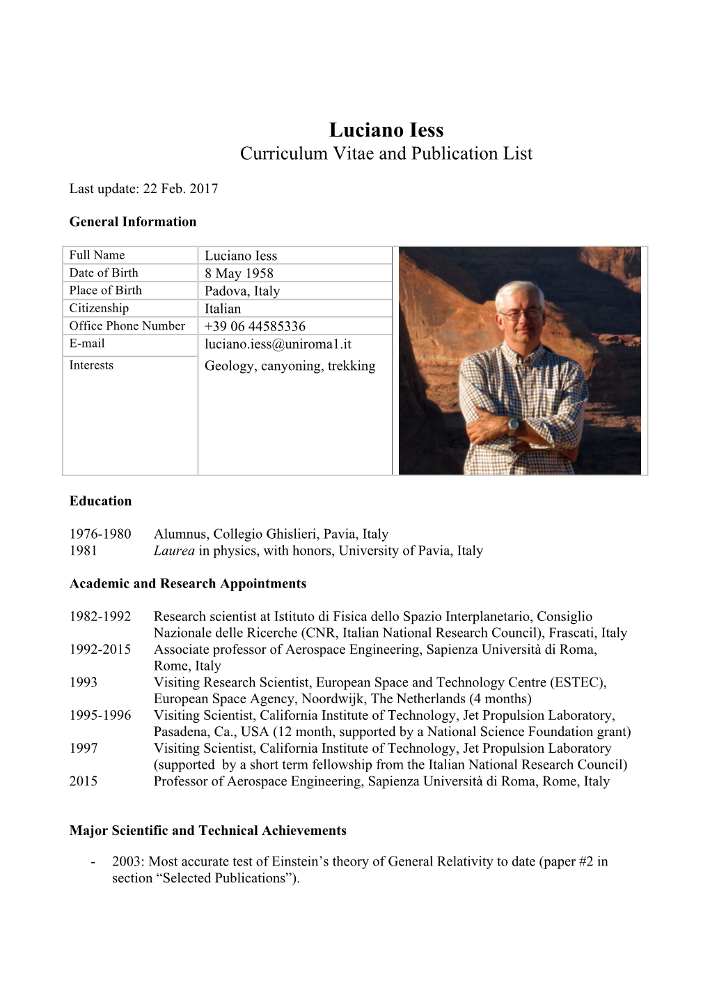 Luciano Iess Curriculum Vitae and Publication List