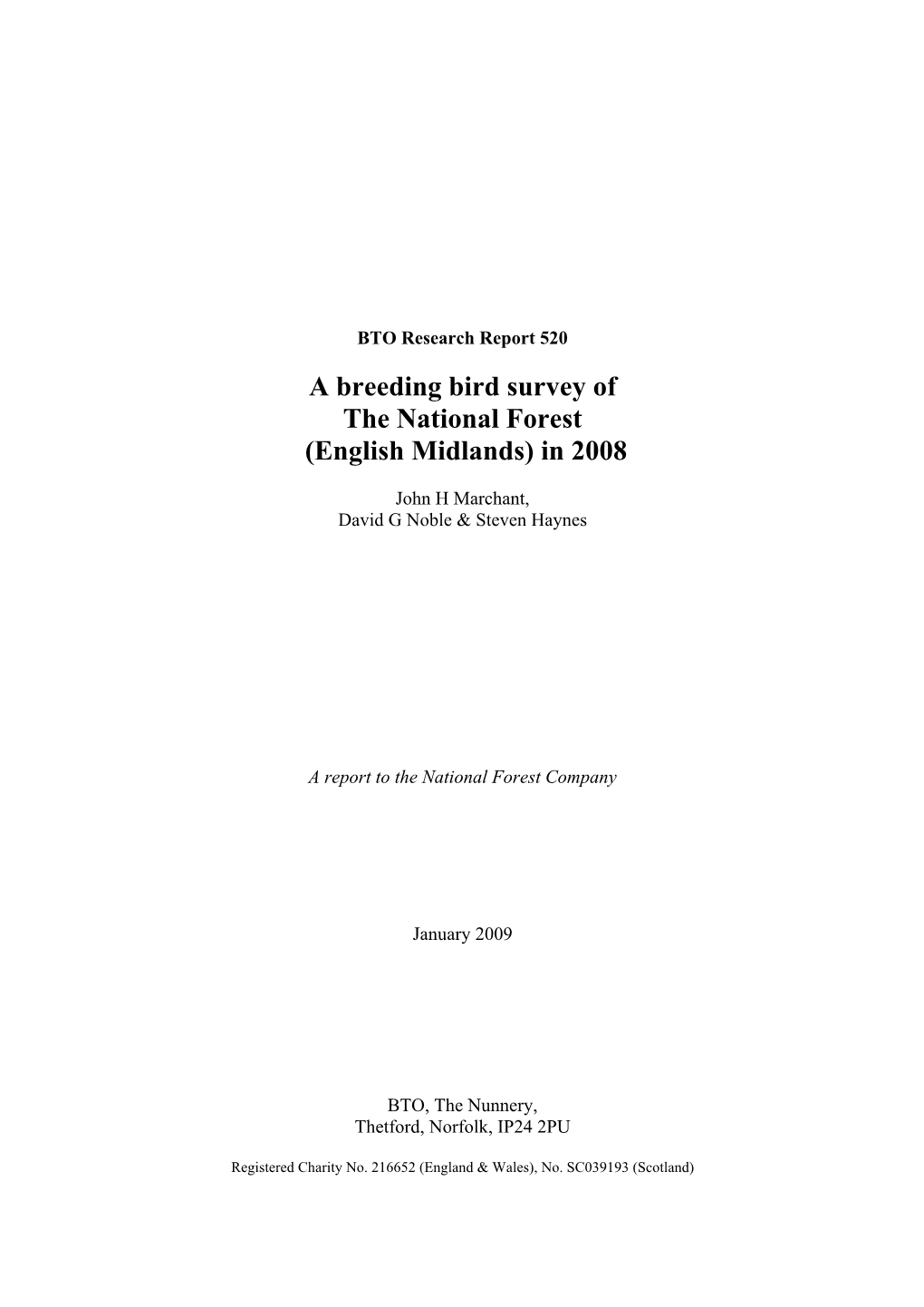 A Breeding Bird Survey of the National Forest (English Midlands) in 2008