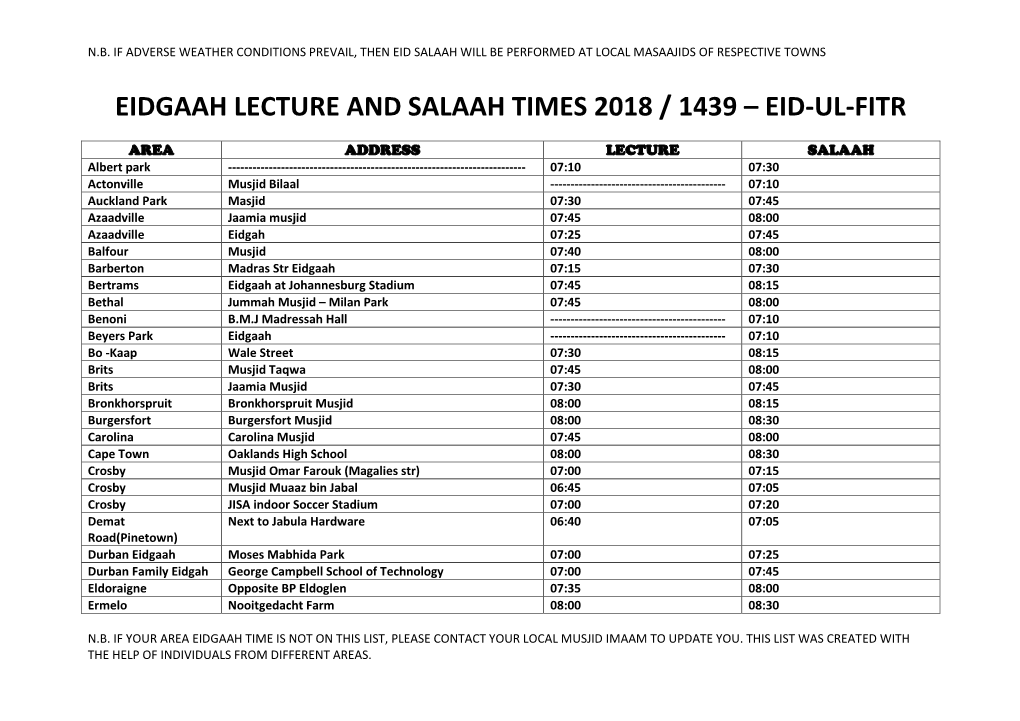 Eidgaah Lecture and Salaah Times 2018 / 1439 – Eid-Ul-Fitr