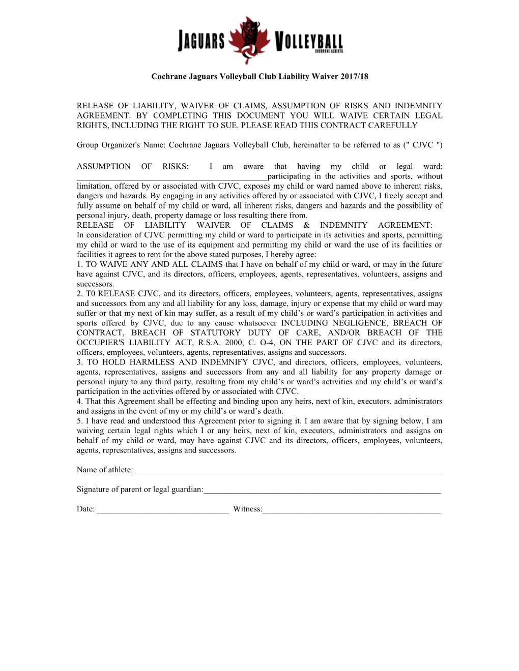 Cochrane Jaguars Volleyball Club Liability Waiver 2017/18