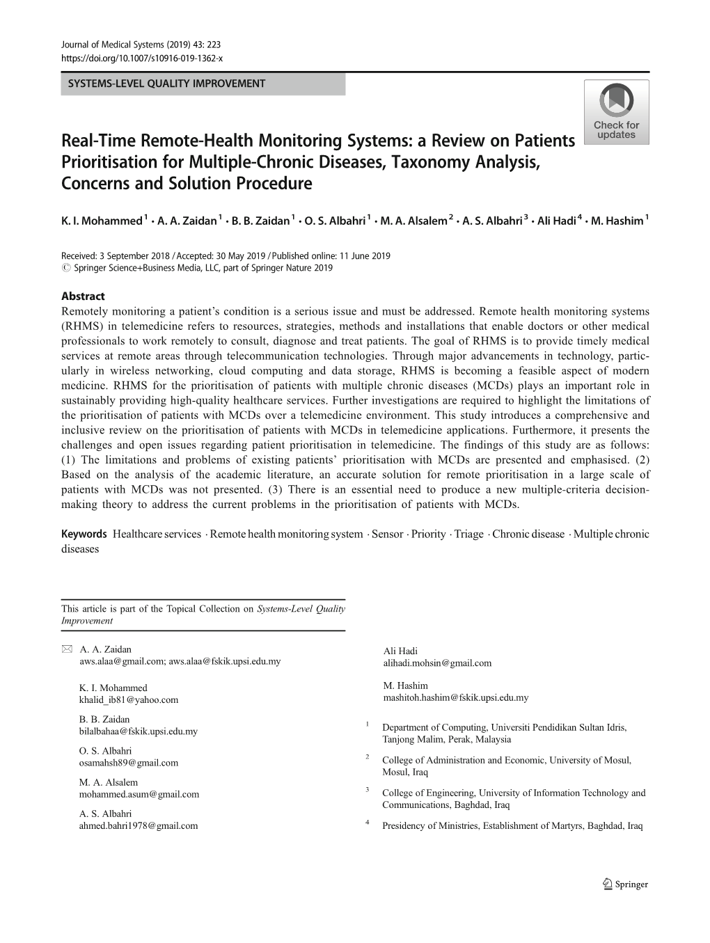 Real-Time Remote-Health Monitoring Systems: a Review on Patients Prioritisation for Multiple-Chronic Diseases, Taxonomy Analysis, Concerns and Solution Procedure