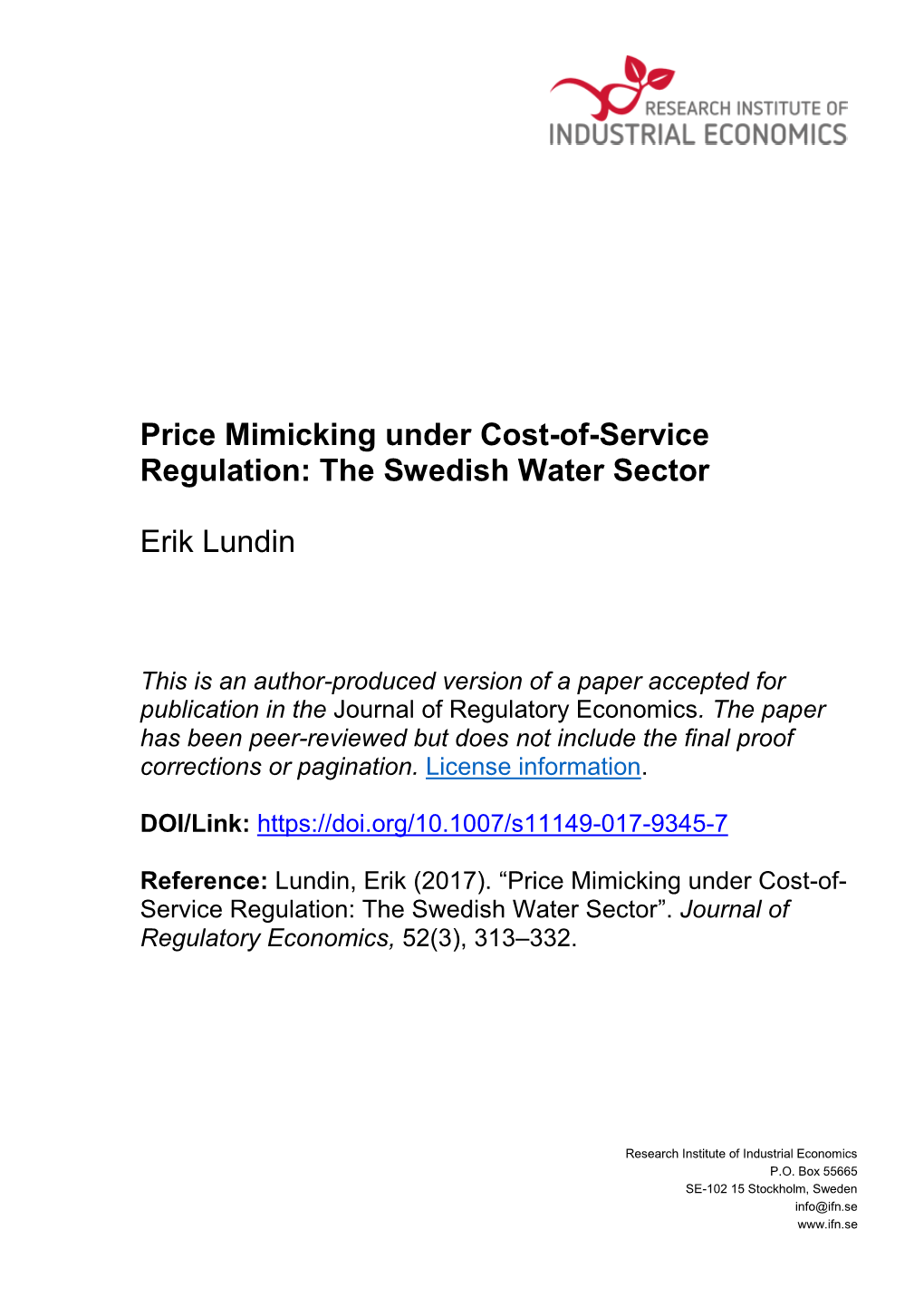 Price Mimicking Under Cost-Of-Service Regulation: the Swedish Water Sector