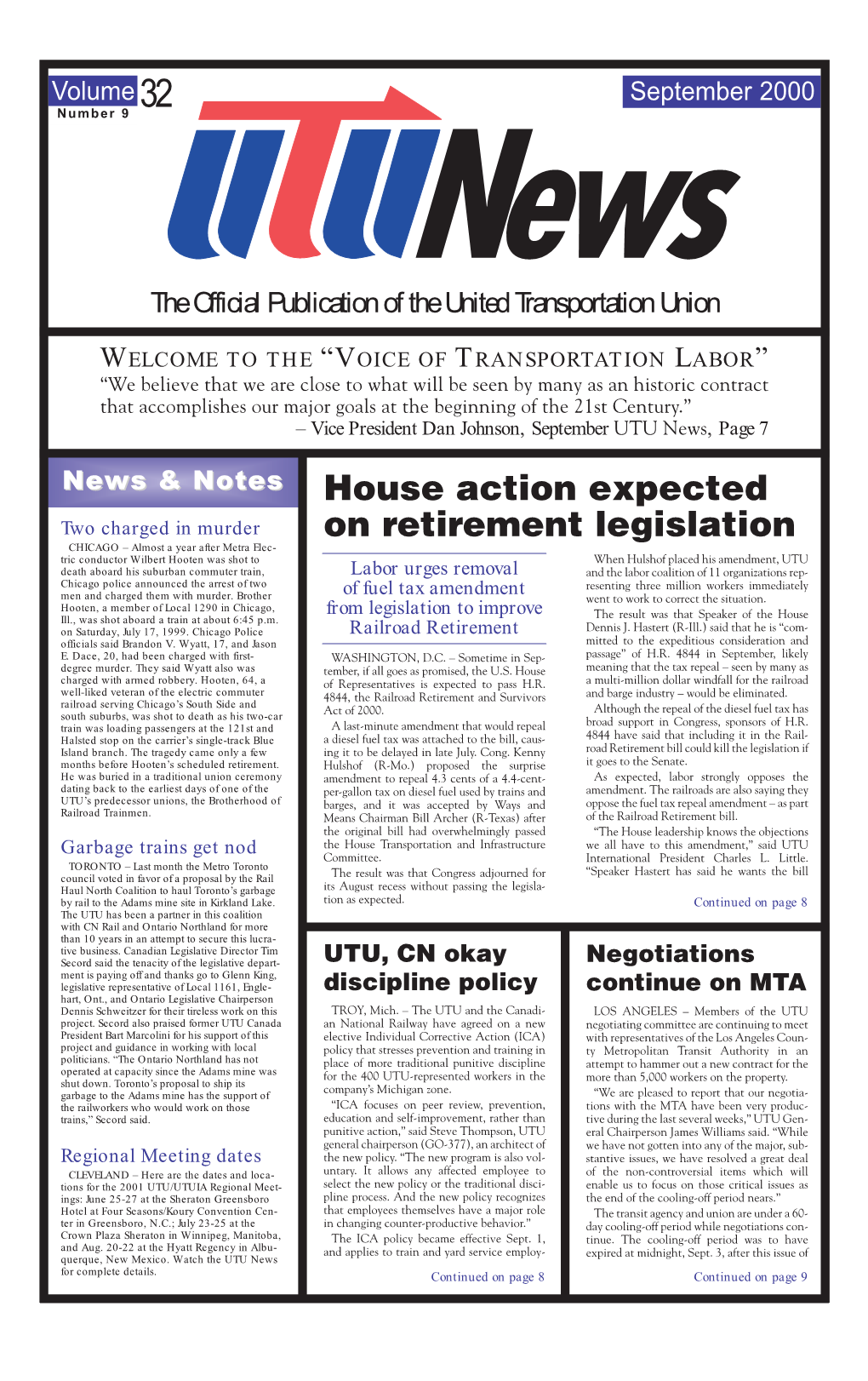 UTU News, September 2000, Vol. 32, No. 9