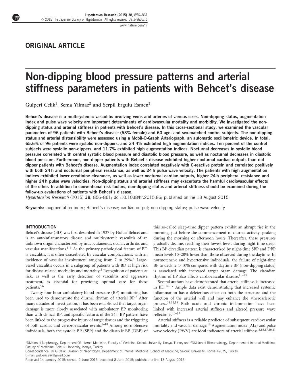 Non-Dipping Blood Pressure Patterns and Arterial Stiffness Parameters in Patients with Behcet’Sdisease