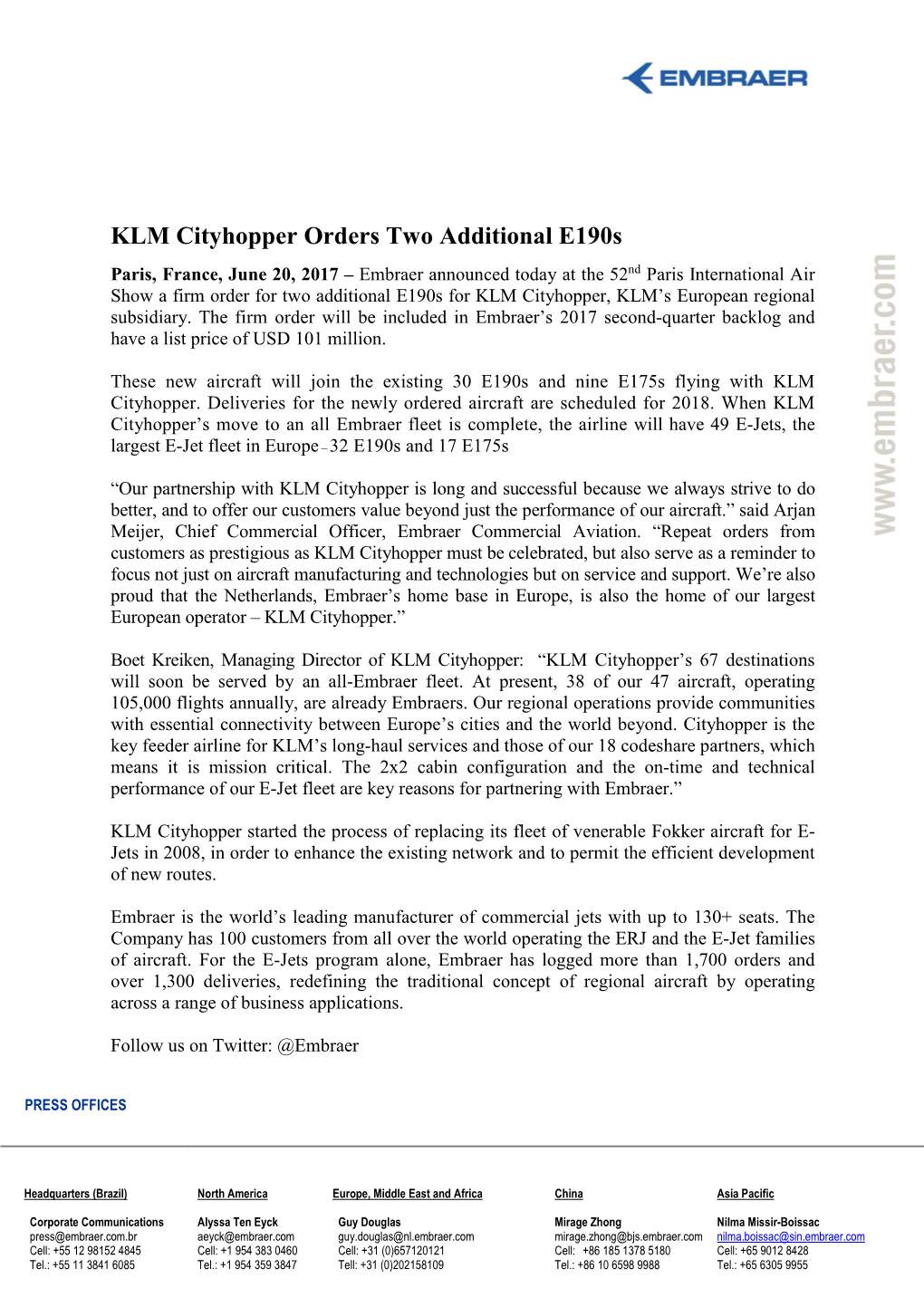 KLM Cityhopper Orders Two Additional E190s