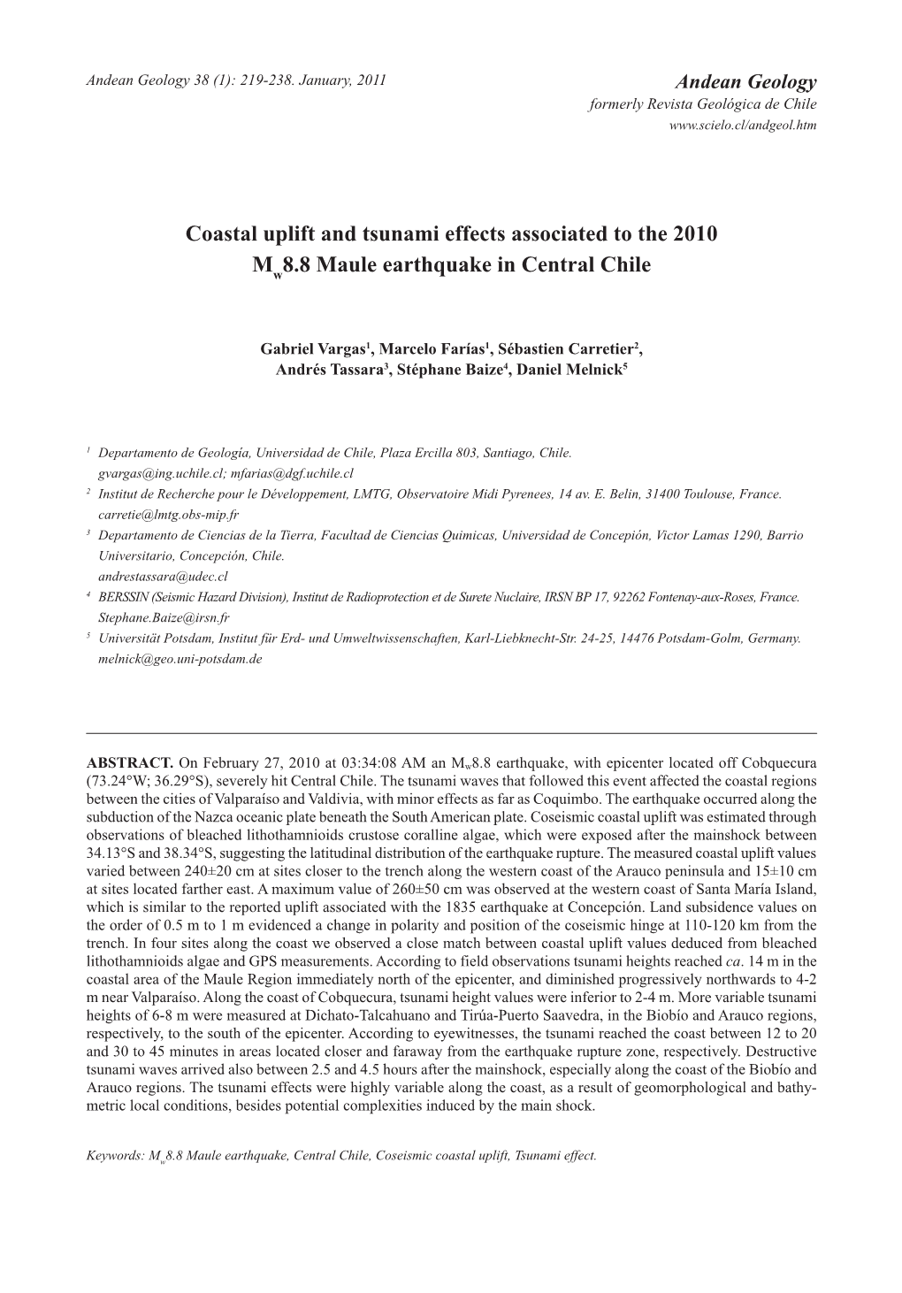 Coastal Uplift and Tsunami Effects Associated to the 2010 Mw8.8 Maule Earthquake