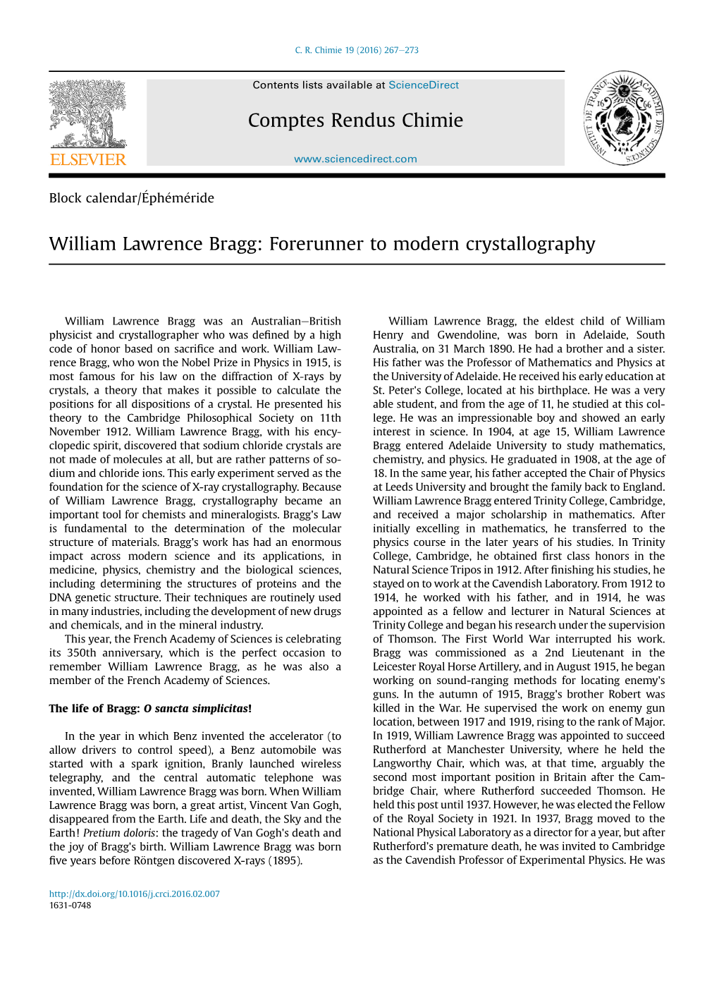 William Lawrence Bragg: Forerunner to Modern Crystallography