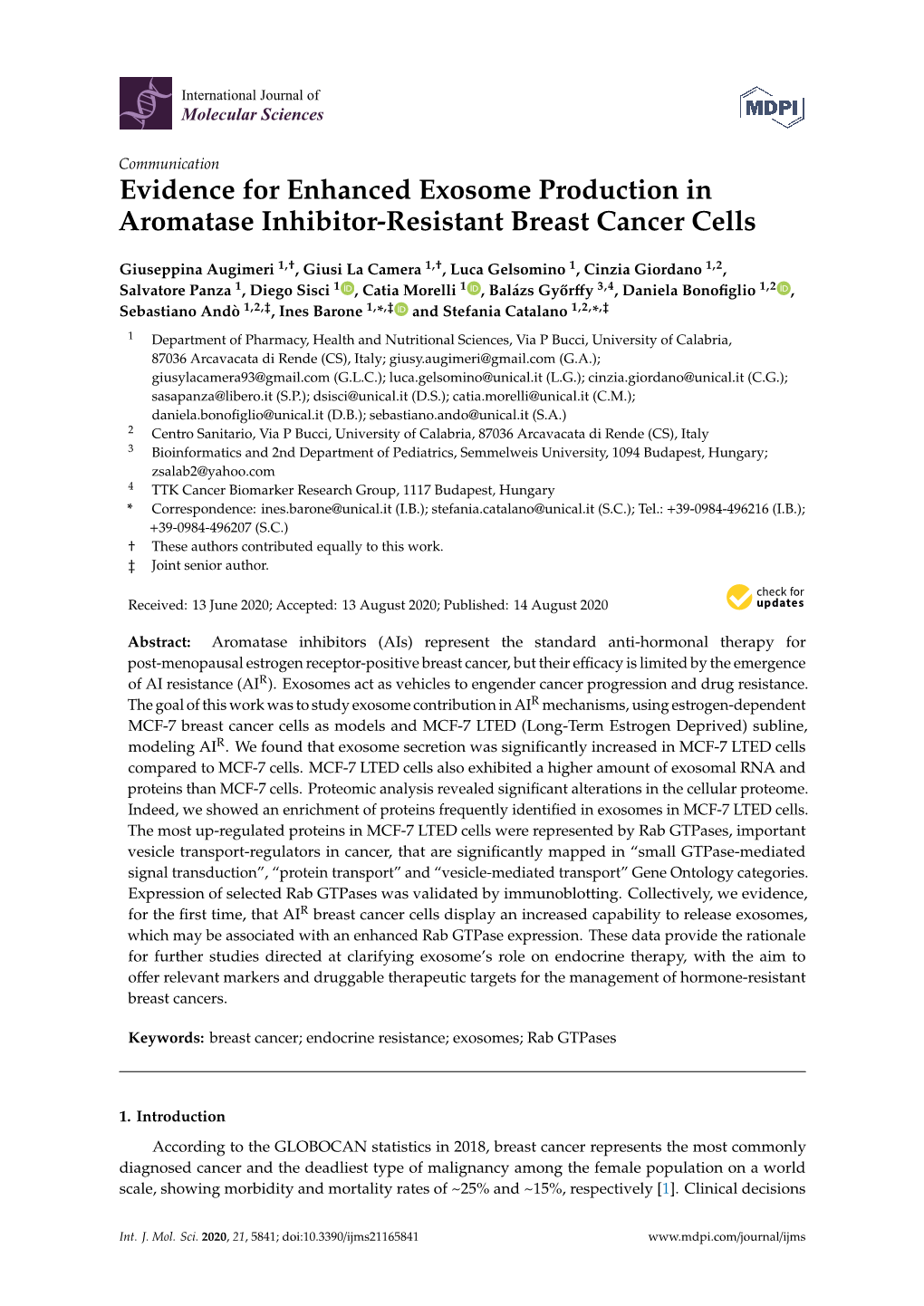 Evidence for Enhanced Exosome Production in Aromatase Inhibitor-Resistant Breast Cancer Cells