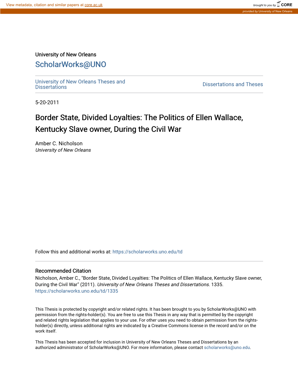 The Politics of Ellen Wallace, Kentucky Slave Owner, During the Civil War