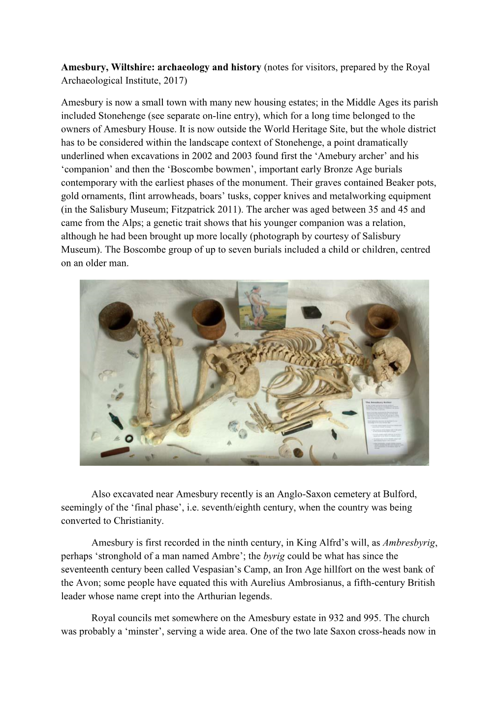 Amesbury, Wiltshire: Archaeology and History (Notes for Visitors, Prepared by the Royal Archaeological Institute, 2017)