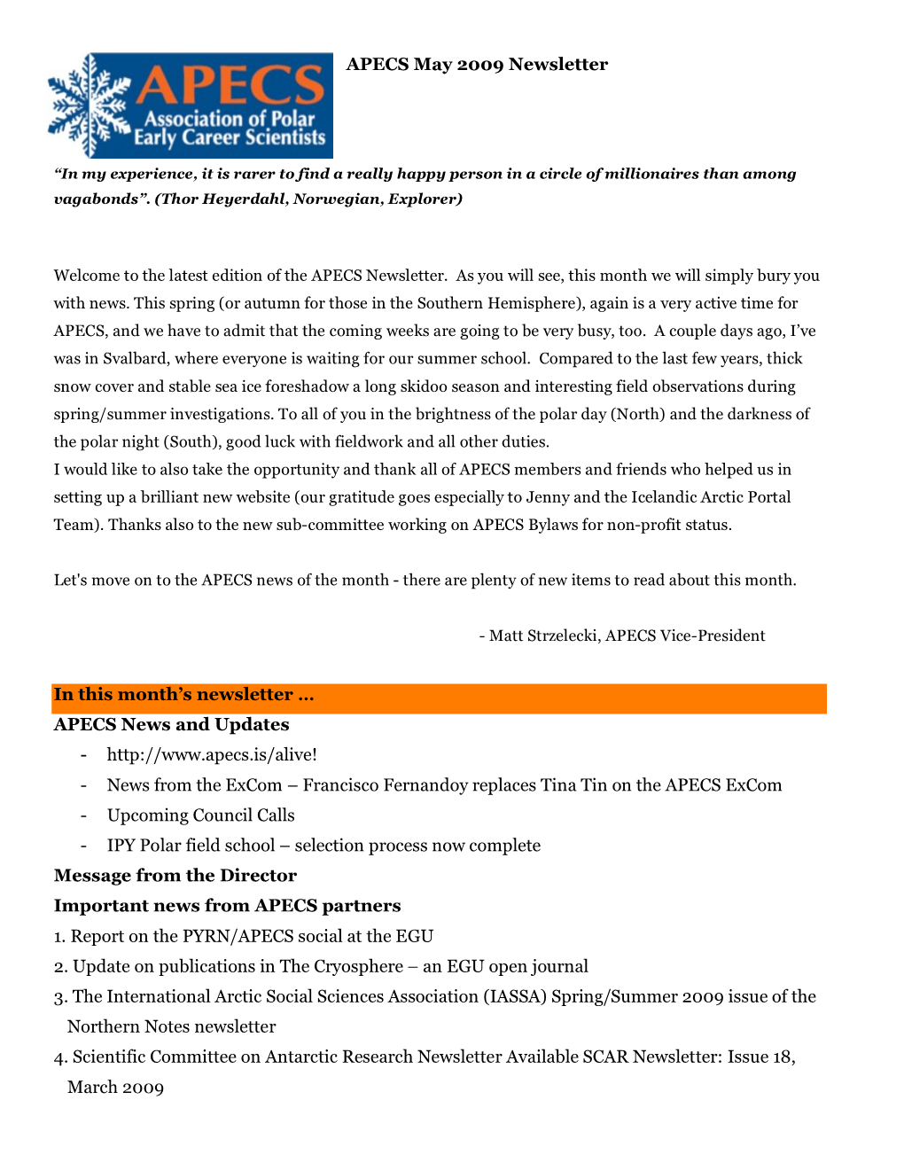 APECS May 2009 Newsletter