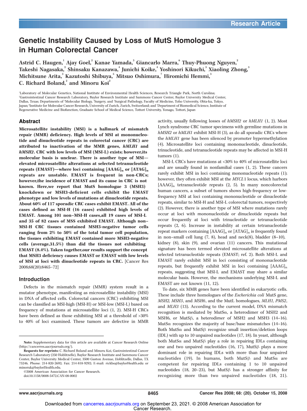 Genetic Instability Caused by Loss of Muts Homologue 3 in Human Colorectal Cancer