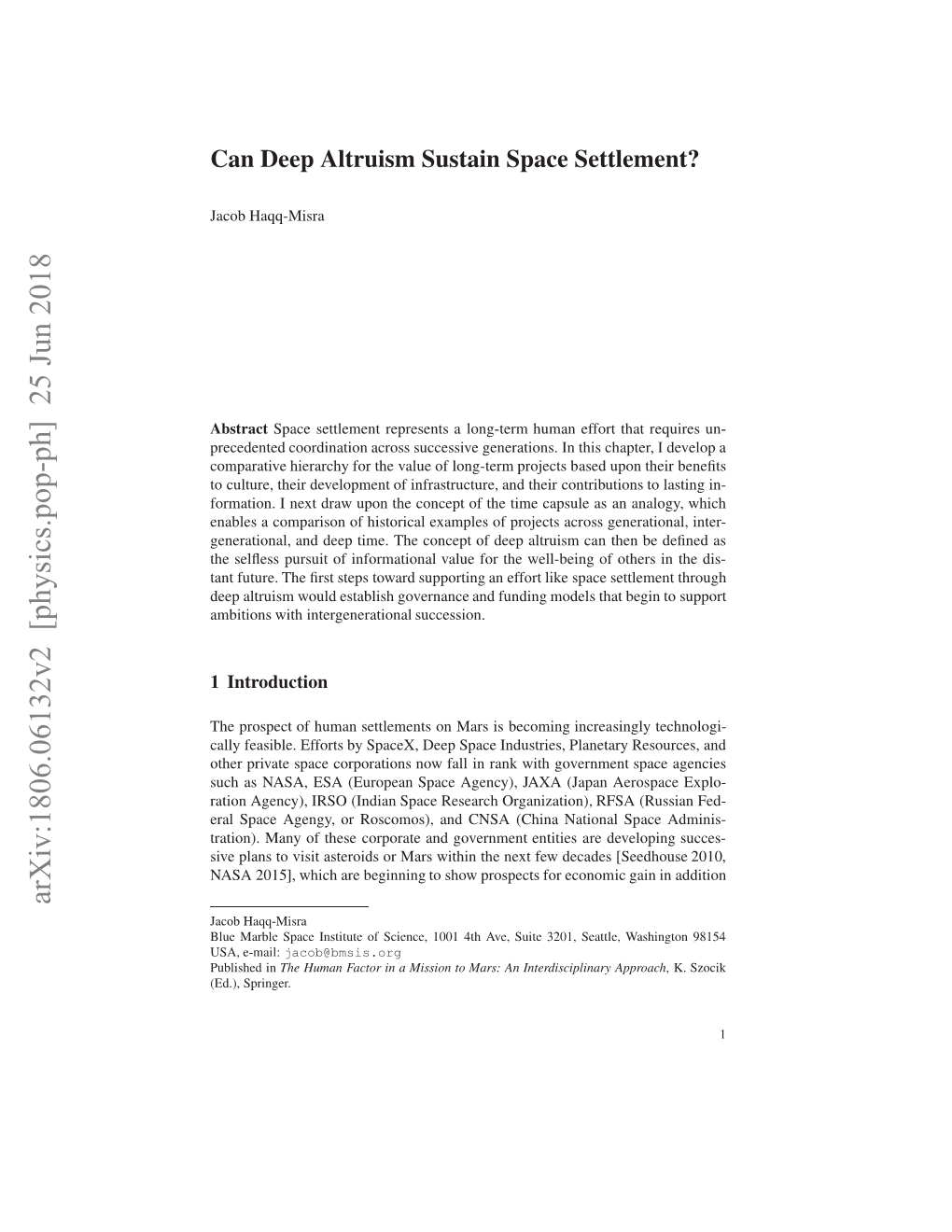 Can Deep Altruism Sustain Space Settlement? 3 2 Time Capsules