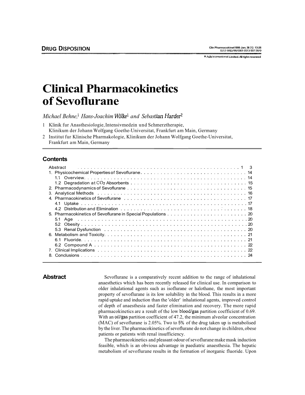 Clinical Pharmacokinetics of Sevoflurane