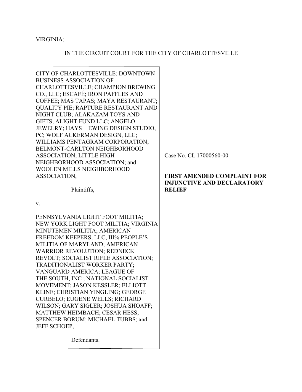 Amended Charlottesville Complaint