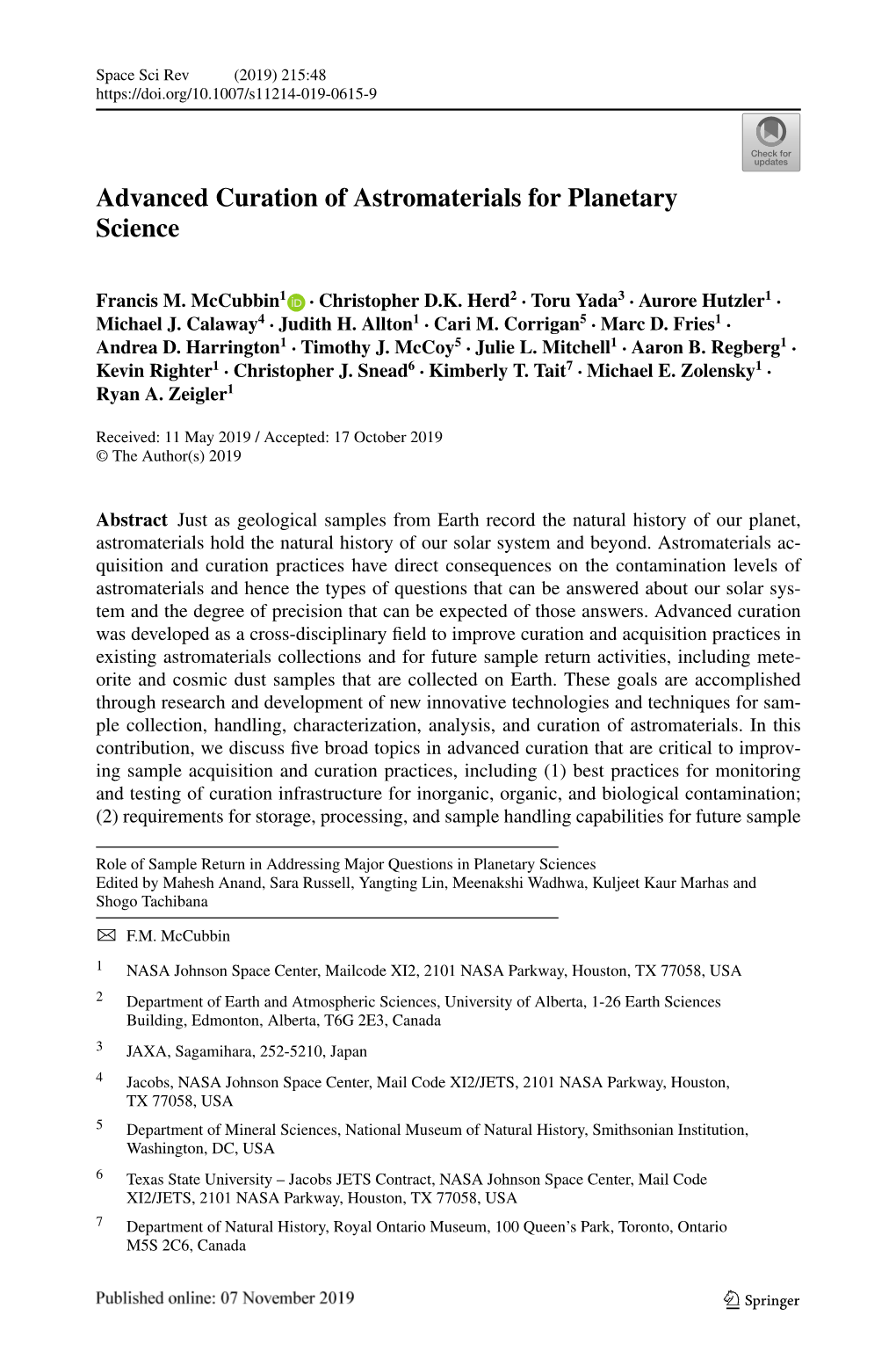 Advanced Curation of Astromaterials for Planetary Science