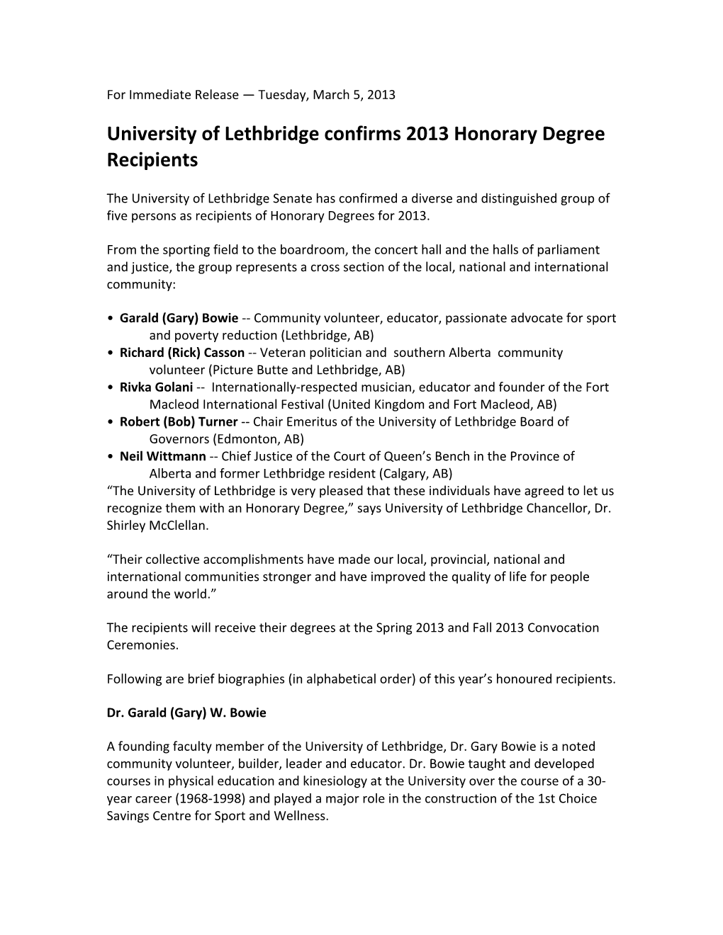 University of Lethbridge Confirms 2013 Honorary Degree Recipients
