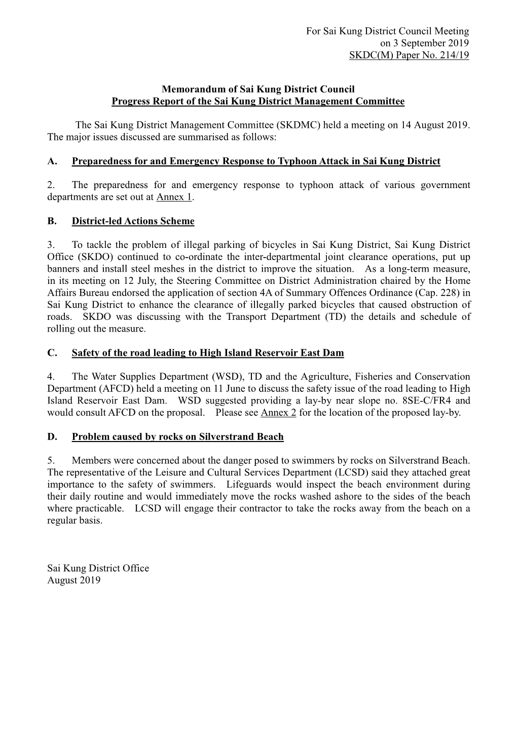 For Sai Kung District Council Meeting on 3 September 2019 SKDC(M) Paper No