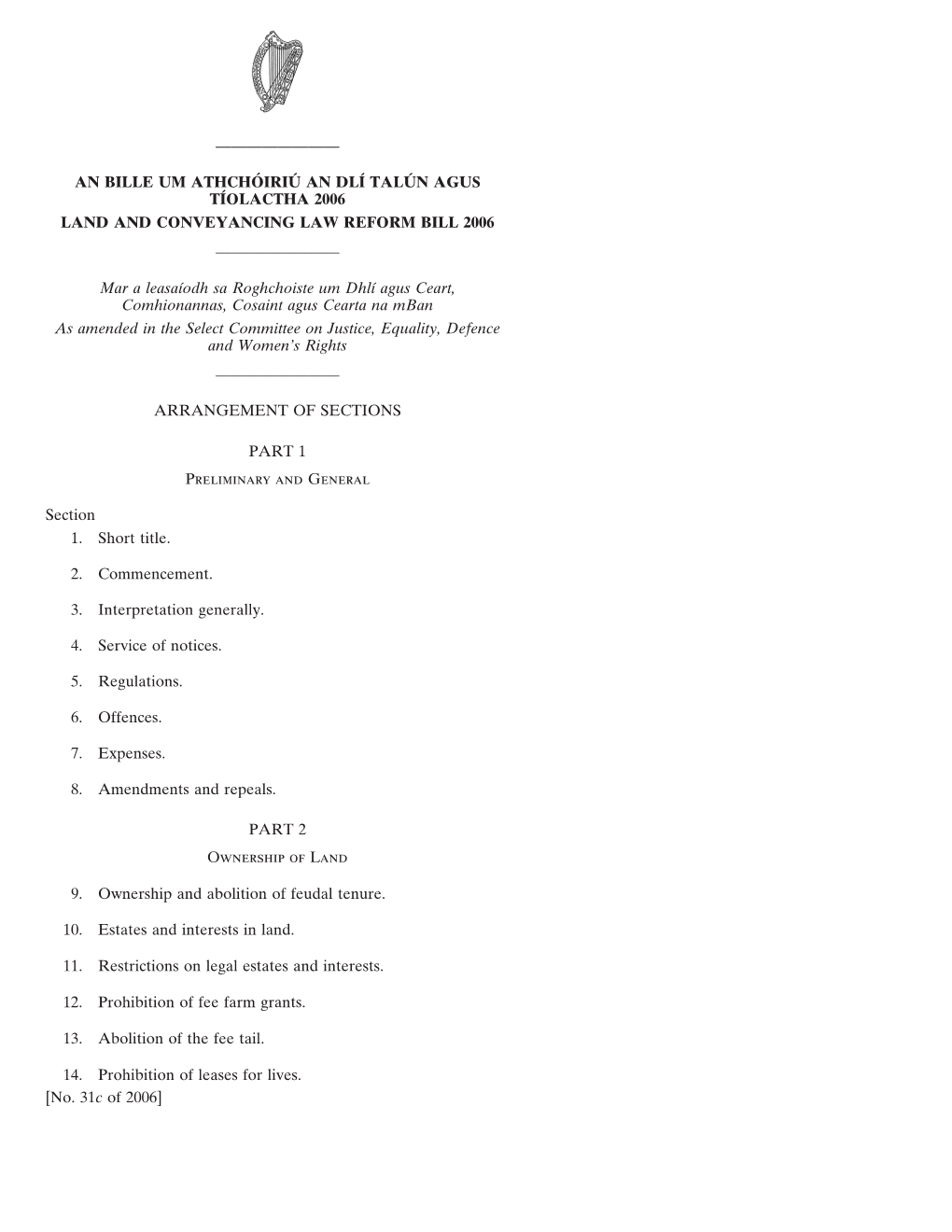 ———————— an Bille Um Athcho´ Iriu´ an Dlí Talu´ N Agus Tíolactha 2006 Land and Conveyancing Law Reform Bill