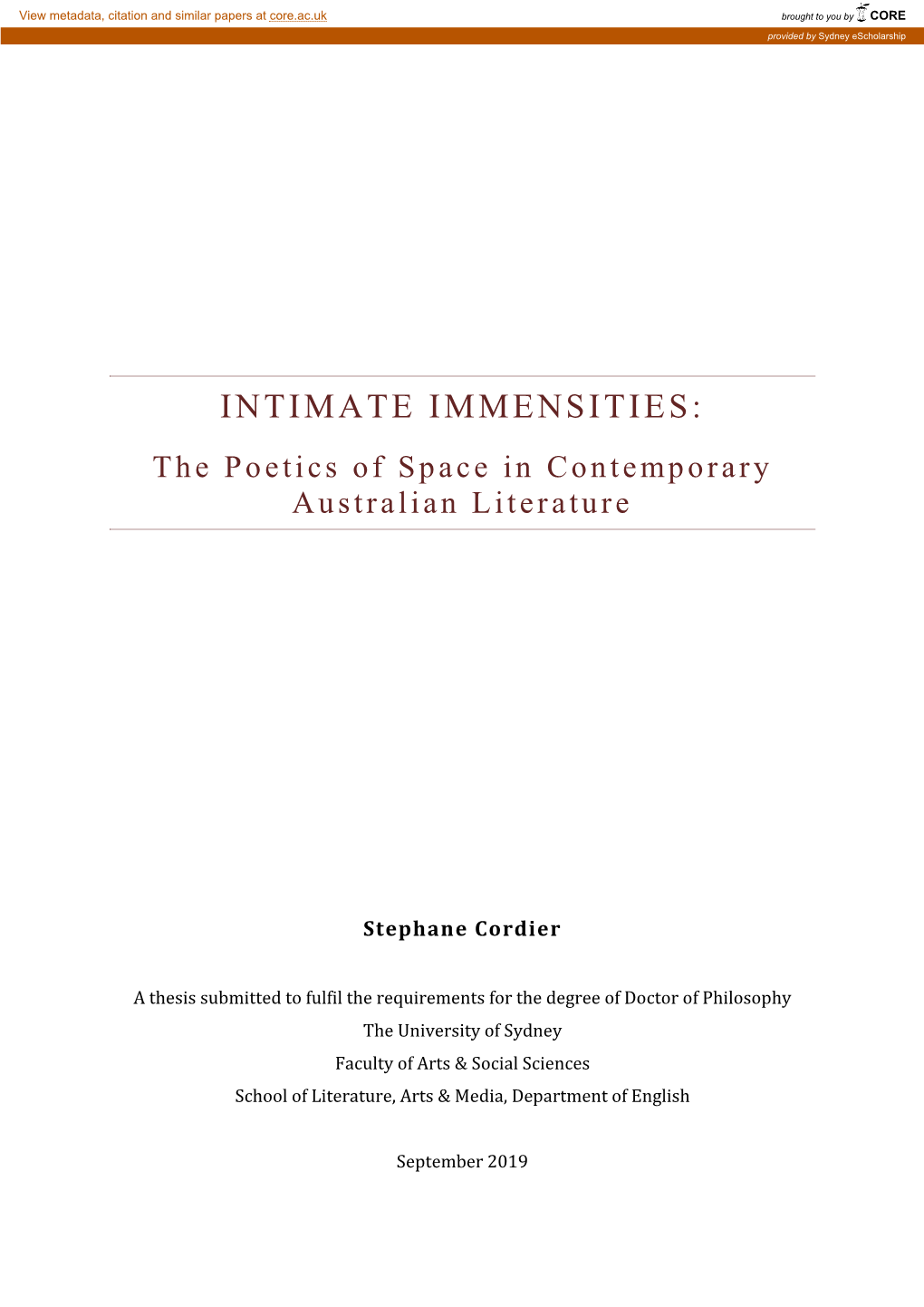 INTIMATE IMMENSITIES: the Poetics of Space in Contemporary Australian Literature