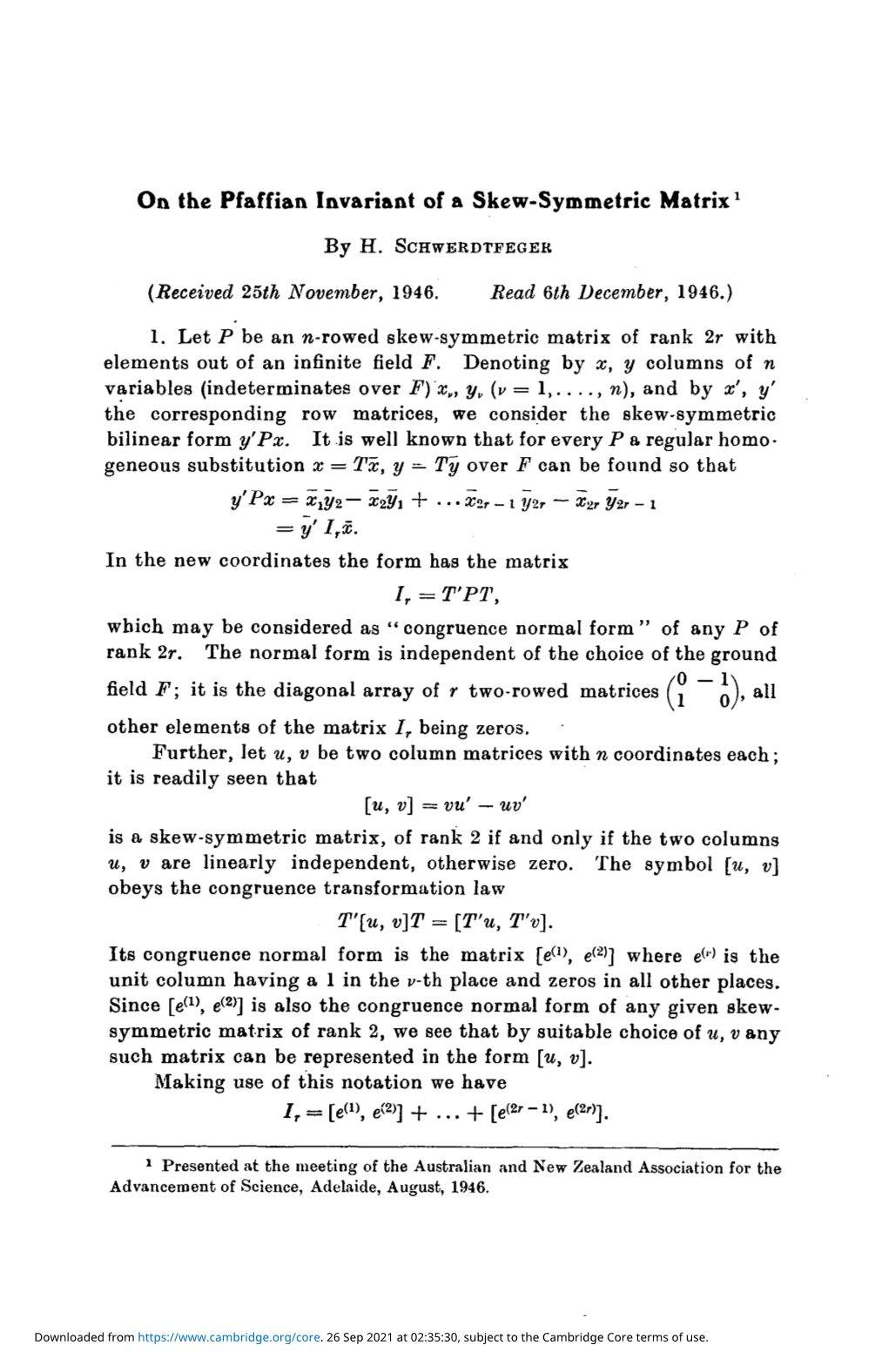 On the Pfaffian Invariant of a Skew-Symmetric Matrix1