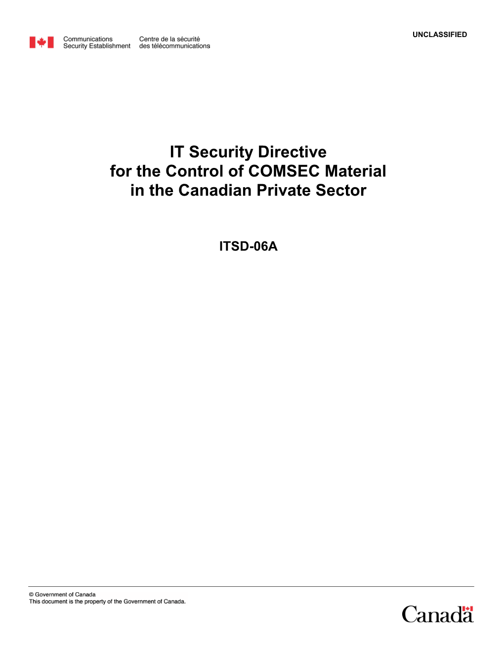 IT Security Directive for the Control of COMSEC Material in the Canadian Private Sector