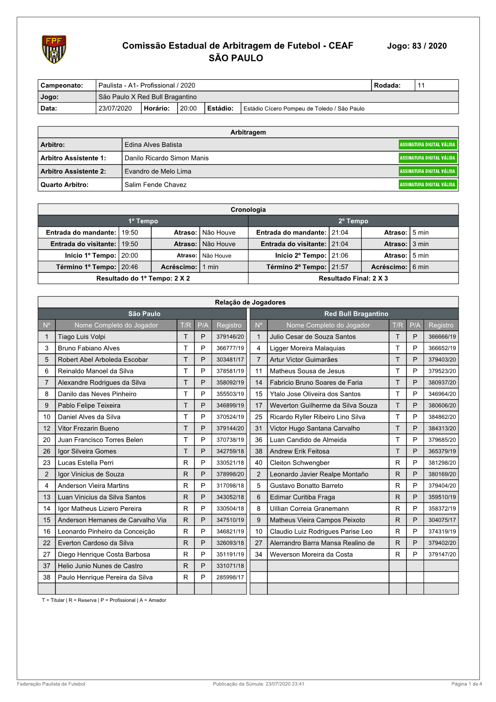 Comissão Estadual De Arbitragem De Futebol - CEAF Jogo: 83 / 2020 SÃO PAULO