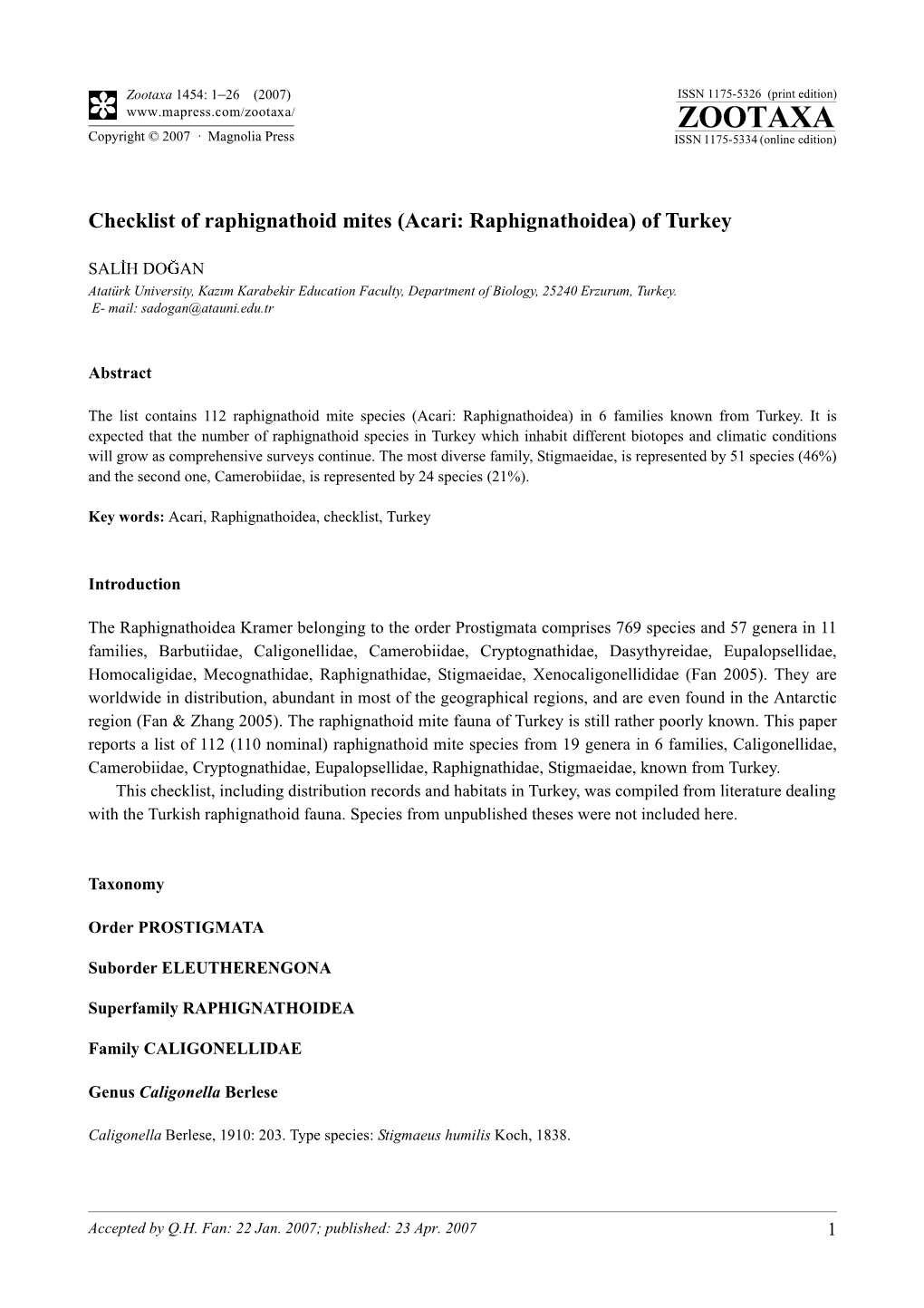 Zootaxa,Checklist of Raphignathoid Mites (Acari: Raphignathoidea) Of