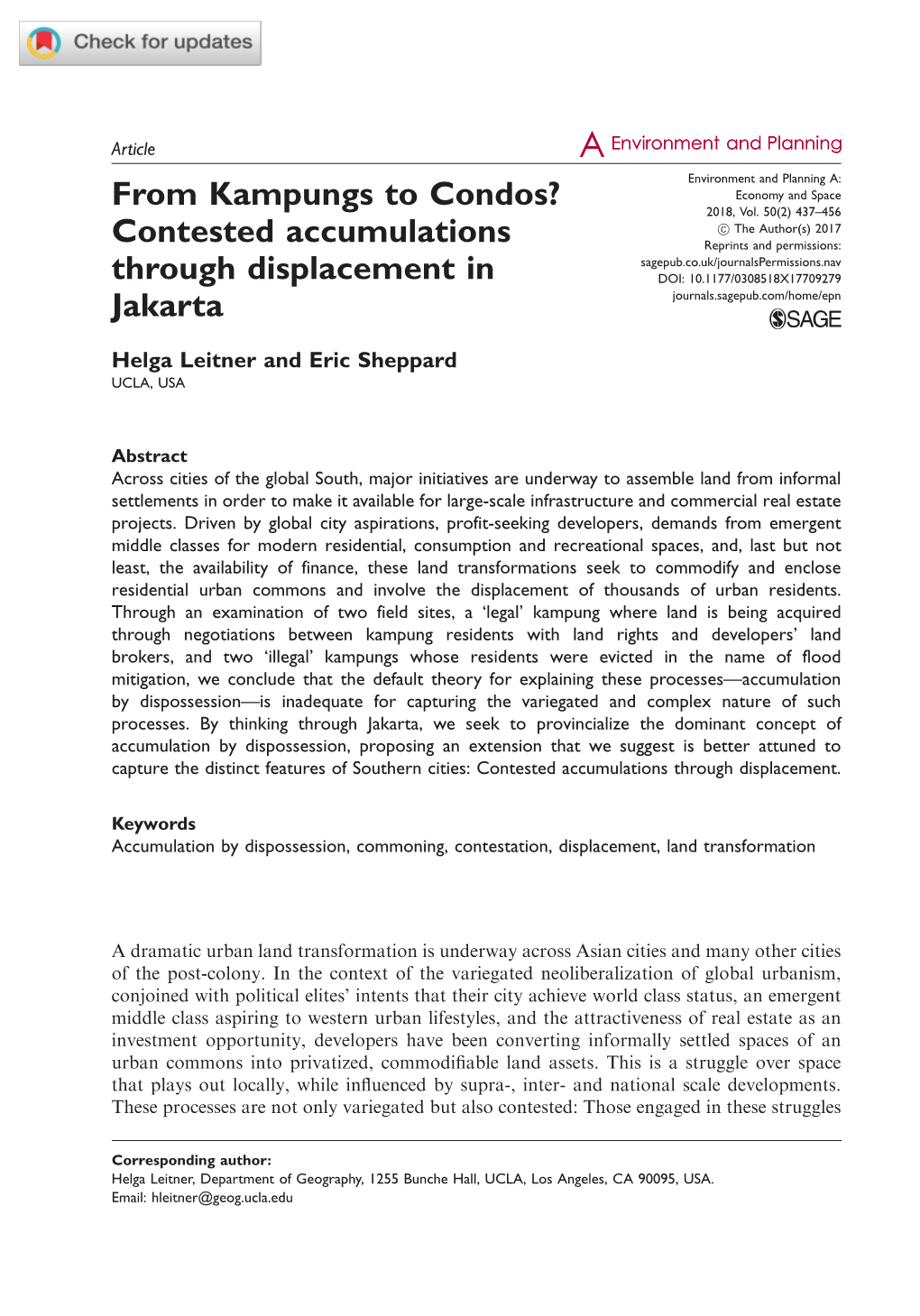 From Kampungs to Condos? Contested Accumulations Through Displacement in Jakarta
