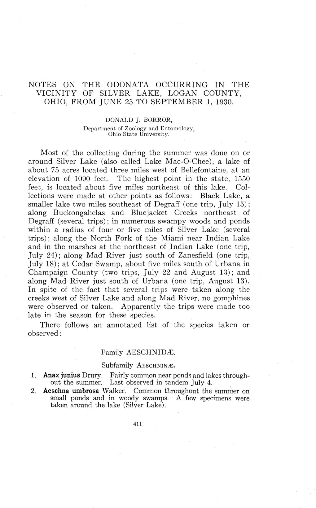 Notes on the Odonata Occurring in the Vicinity of Silver Lake, Logao County, Ohio, from June 25 to September 1, 1930