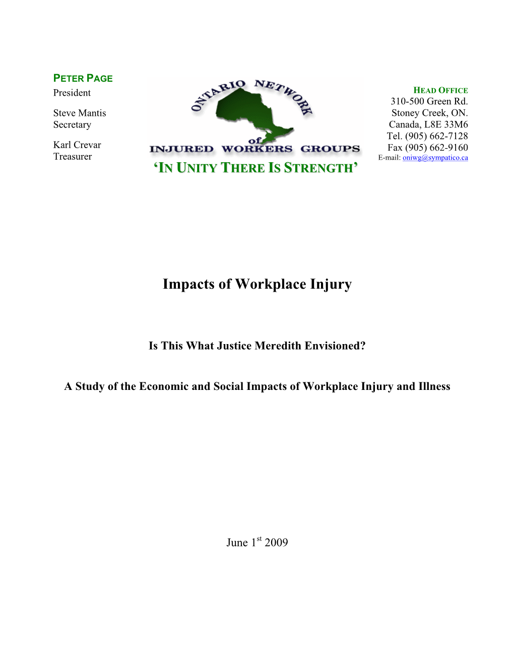 Injured Workers and Poverty Survey 2009 : Impacts of Workplace Injury