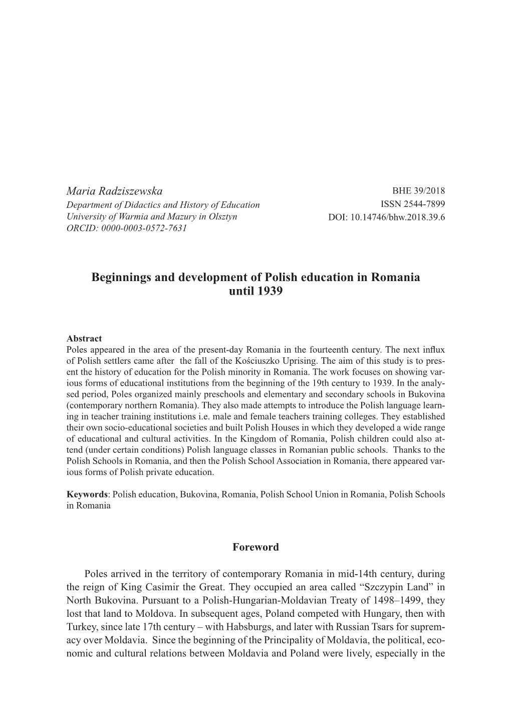 Beginnings and Development of Polish Education in Romania Until 1939