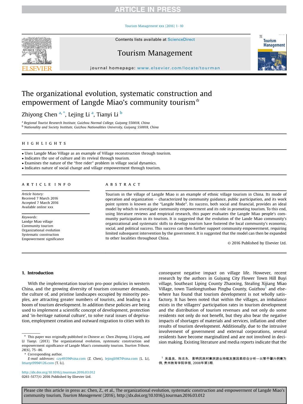 The Organizational Evolution, Systematic Construction and Empowerment of Langde Miao's Community Tourism*