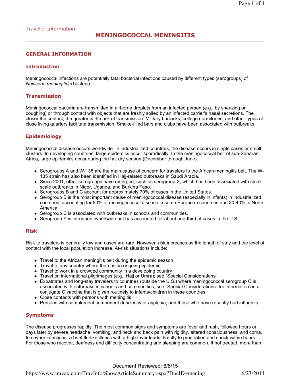 Traveler Information MENINGOCOCCAL MENINGITIS