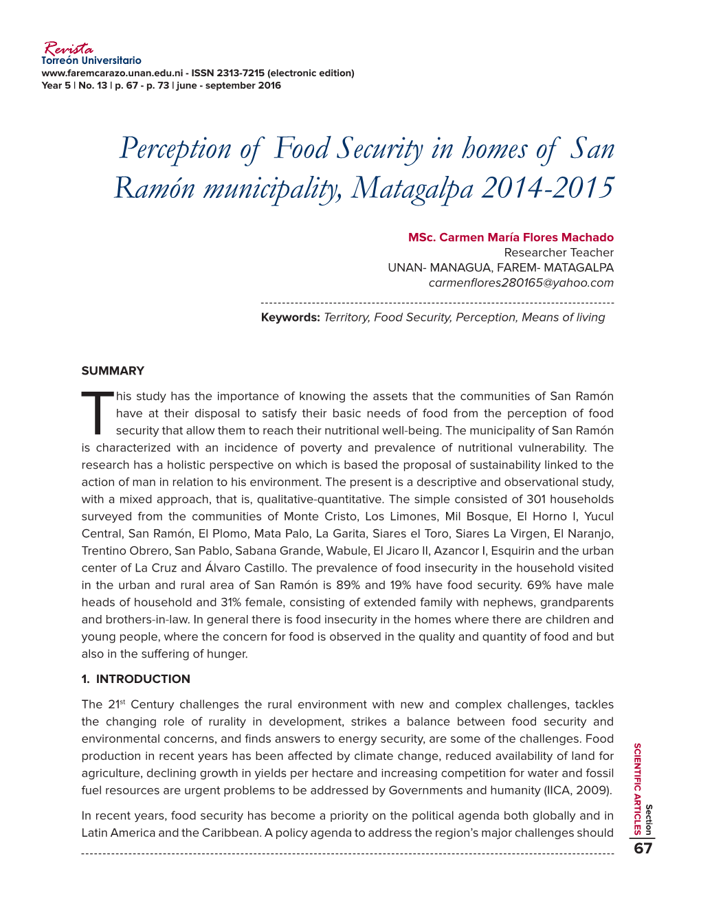 Perception of Food Security in Homes of San Ramón Municipality, Matagalpa 2014-2015