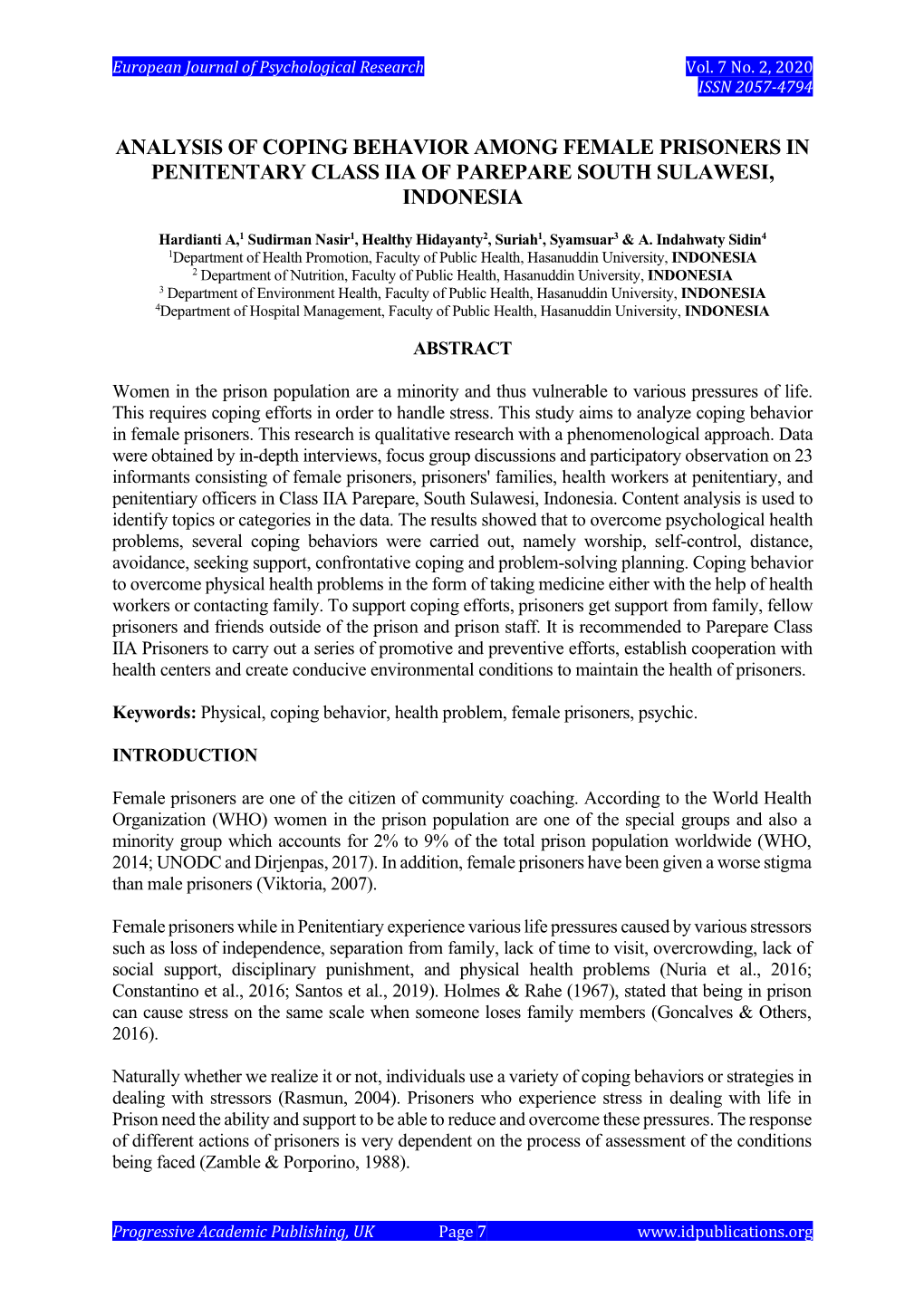 Analysis of Coping Behavior Among Female Prisoners in Penitentary Class Iia of Parepare South Sulawesi, Indonesia