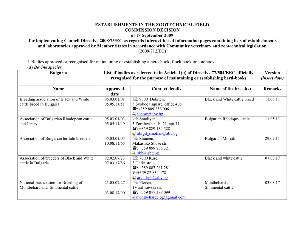 Establishments in the Zootechnical Field Commission Decision