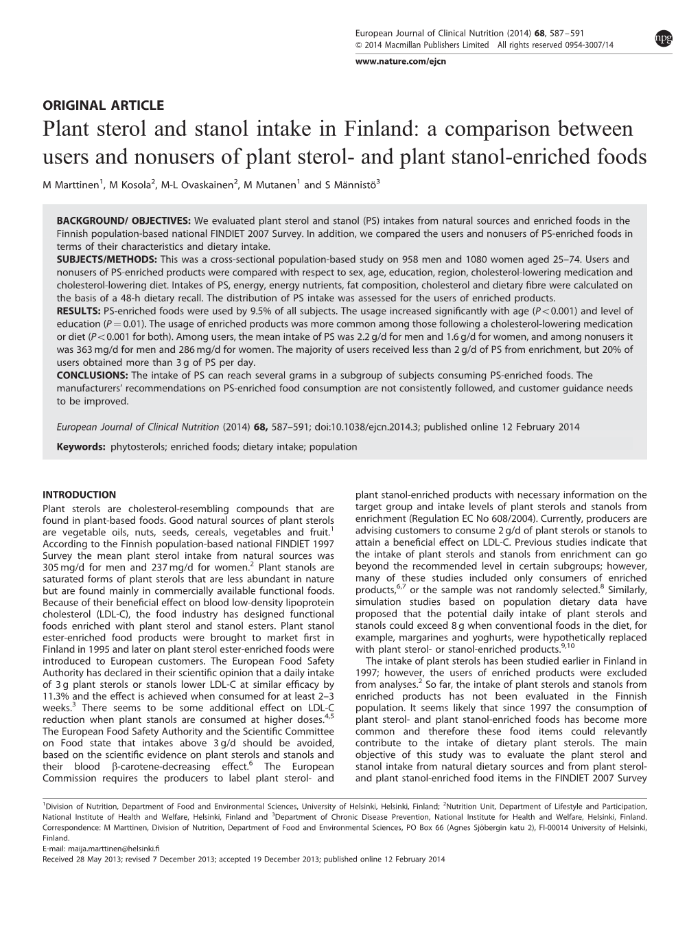 Plant Sterol and Stanol Intake in Finland: a Comparison Between Users and Nonusers of Plant Sterol- and Plant Stanol-Enriched Foods