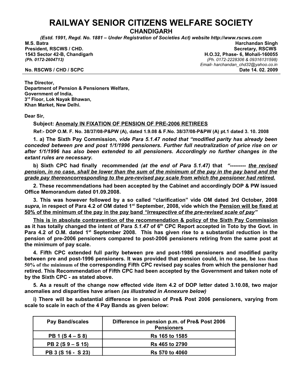 DISPARITIES in PENSION ARISING with CLARIFICATIONS of DOP&PW's O