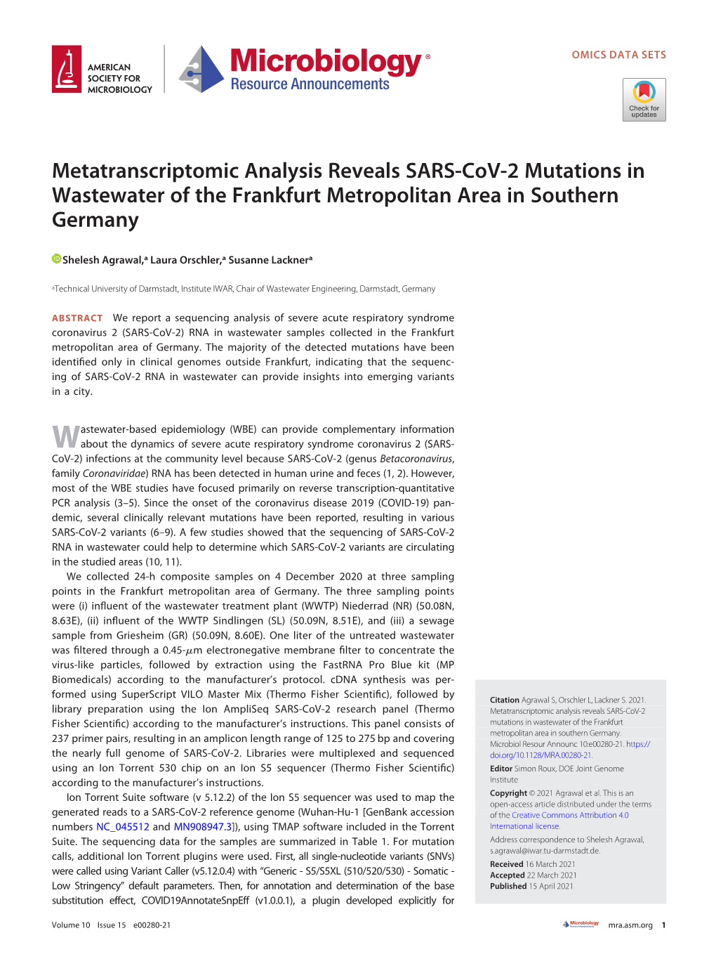 Metatranscriptomic Analysis Reveals SARS-Cov-2 Mutations in Wastewater of the Frankfurt Metropolitan Area in Southern Germany