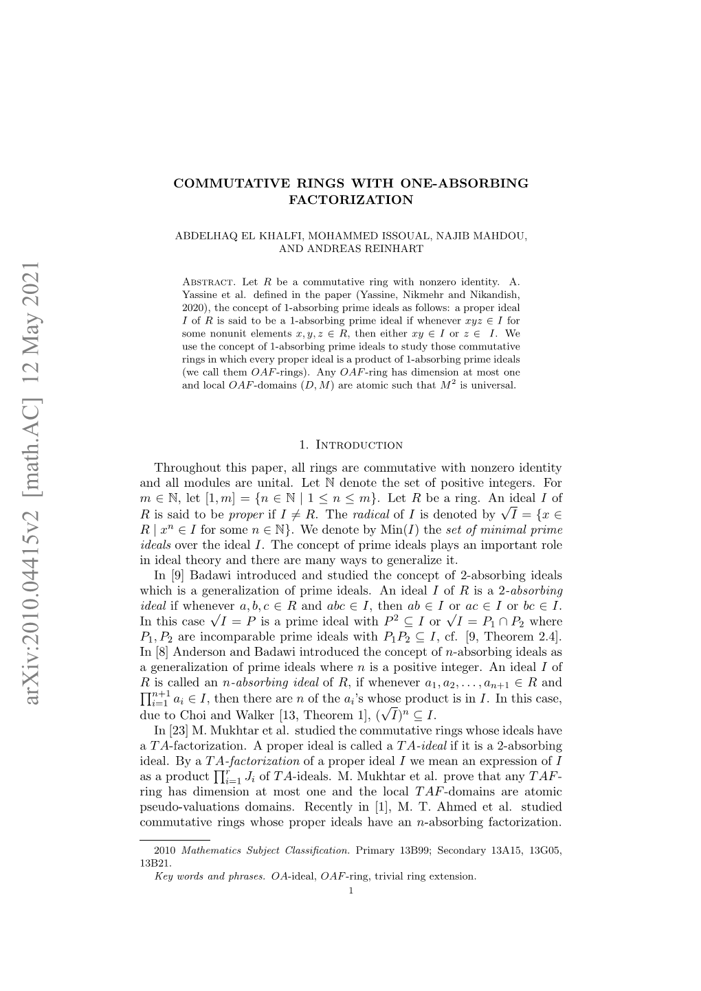 Arxiv:2010.04415V2 [Math.AC] 12 May 2021 Suovlain Oan.Rcnl N[] .T He Ta Et an Ahmed Have T