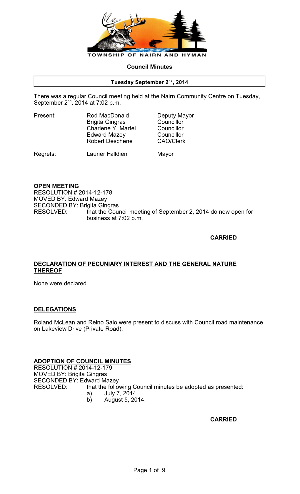 Council Minutes – September 2, 2014
