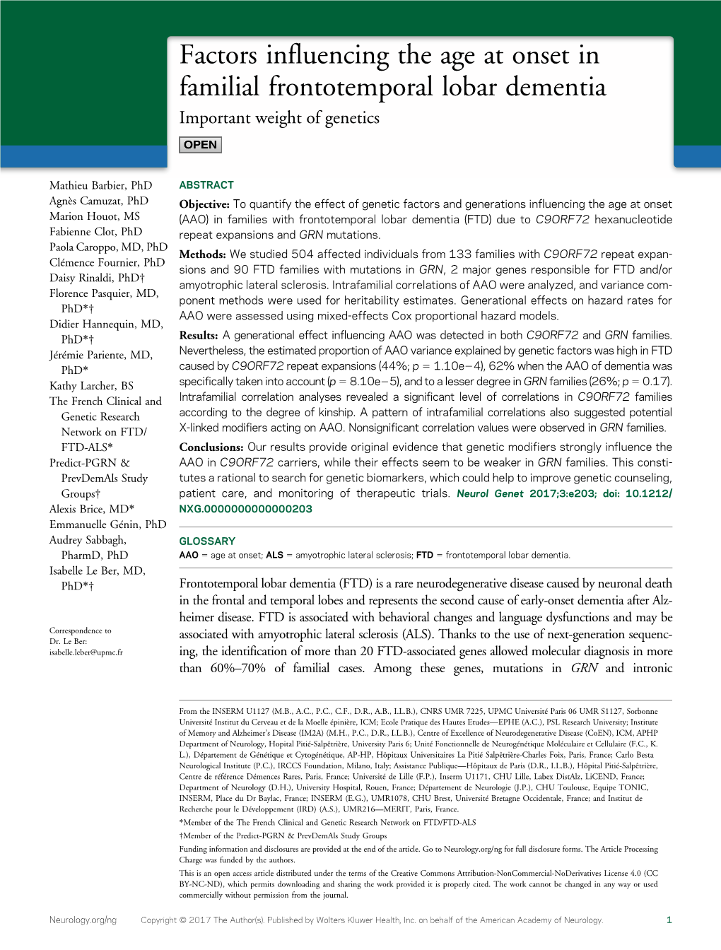 Factors Influencing the Age at Onset in Familial Frontotemporal Lobar Dementia Important Weight of Genetics