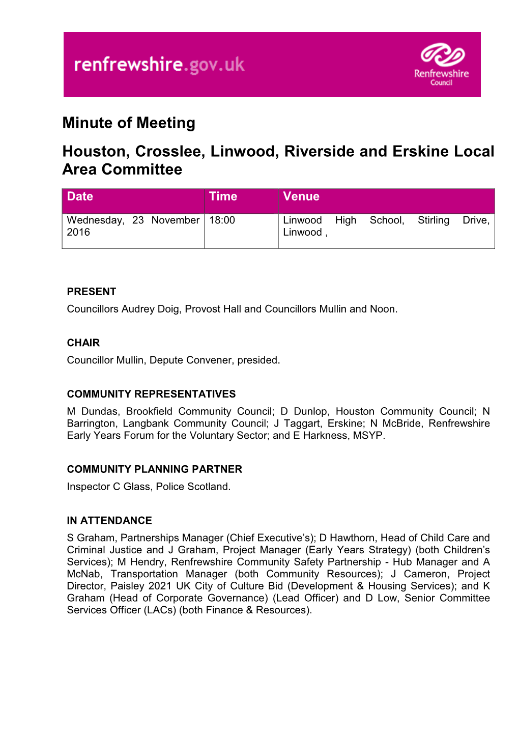 Minute of Meeting Houston, Crosslee, Linwood, Riverside and Erskine Local Area Committee