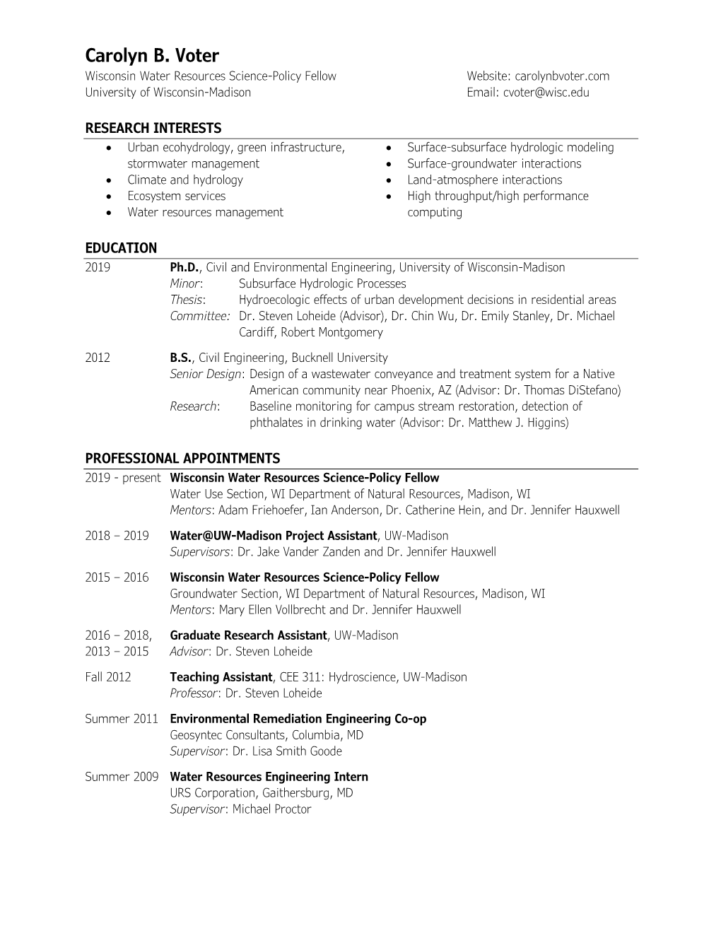 Carolyn B. Voter Wisconsin Water Resources Science-Policy Fellow Website: Carolynbvoter.Com University of Wisconsin-Madison Email: Cvoter@Wisc.Edu