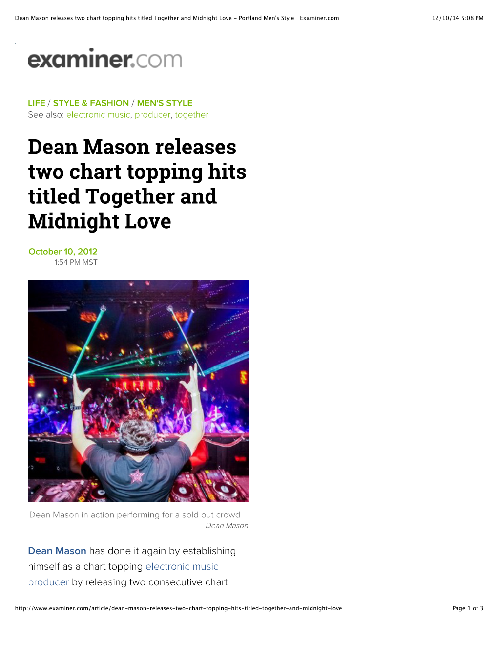Dean Mason Releases Two Chart Topping Hits Titled Together and Midnight Love - Portland Men's Style | Examiner.Com 12/10/14 5:08 PM