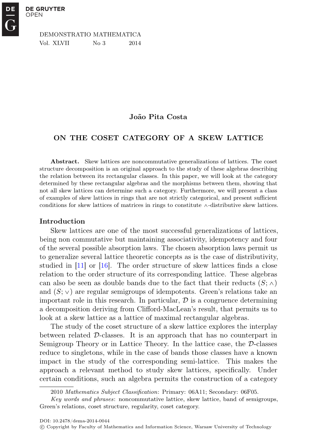 João Pita Costa on the COSET CATEGORY of a SKEW LATTICE